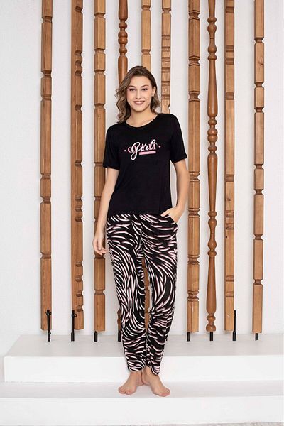 bie's Set de pijama de buzunar din viscoză, fără nasturi, cu mânecă scurtă, cu gât rotund, leopard negru