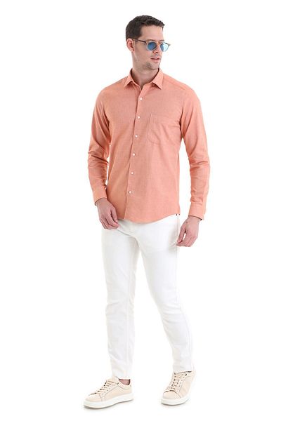 Hatemoğlu 100% βαμβακερό πορτοκαλί Slim Fit Casual πουκάμισο - γιακά με κουμπιά, μακρυμάνικο