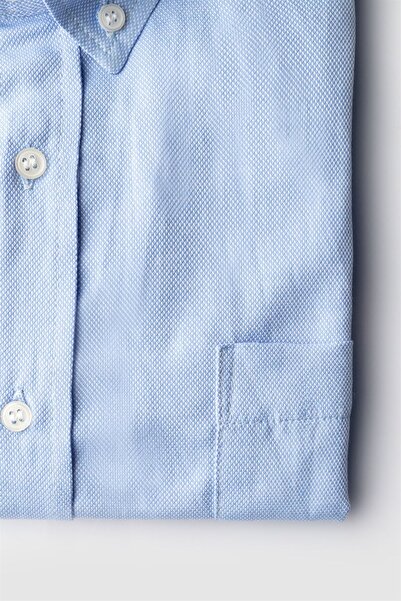 Tudors Büyük Beden Uzun Kollu Düğmeli Yaka Armürlü Oxford Mavi Erkek Gömlek