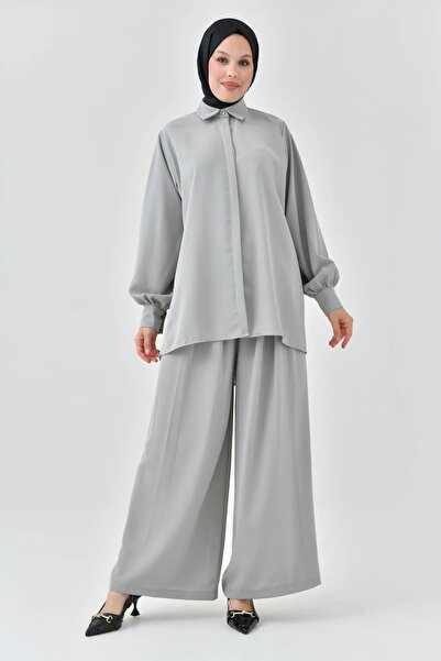 WOMAN VISION Women's Gray Long Sleeve Shirt and Pleated Wide Leg Black Pants ...