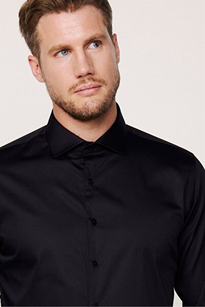 Tudors Ανδρικό μαύρο πουκάμισο με μακρυμάνικο βαμβακερό σατέν Premium με λεπτή εφαρμογή