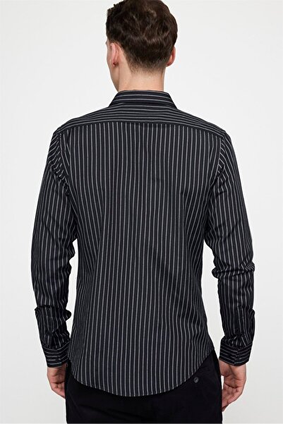 Tudors Slim Fit Uzun Kollu Pamuklu Kolay Ütü Çizgili Erkek Siyah Lacivert Gömlek