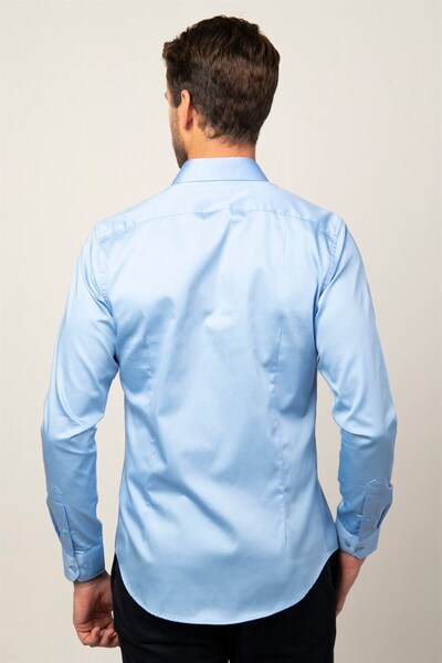 Tudors Cămașă albastră pentru bărbați, slim fit, cu mânecă lungă din satin de bumbac, seria premium