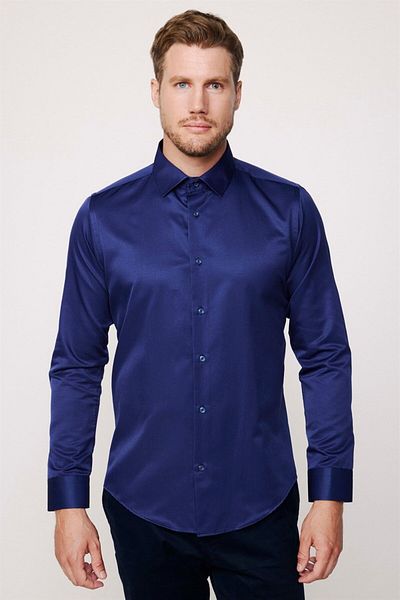 Tudors Slim Fit hosszú ujjú pamut sima férfi sötétkék ing