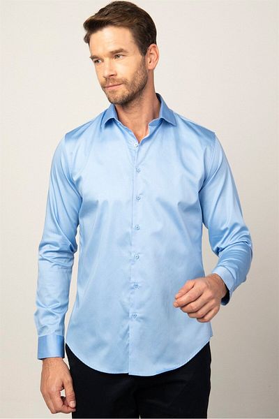 Tudors Cămașă albastră pentru bărbați, slim fit, cu mânecă lungă din satin de bumbac, seria premium
