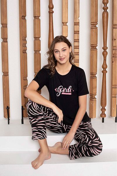 bie's Set de pijama de buzunar din viscoză, fără nasturi, cu mânecă scurtă, cu gât rotund, leopard negru