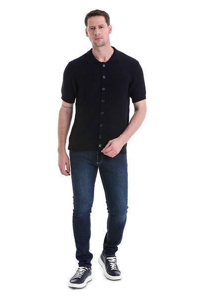 Hatemoğlu Navy Blue Regular Fit - Ζακέτα με κοντό μανίκι με μασίφ κουμπιά