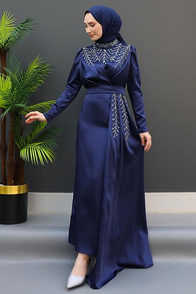 GİZ AGİYİM Cloak Stoned Satin Evening Dress Navy Blue