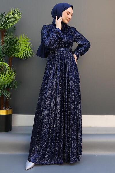 GİZ AGİYİM Sequin Butterfly Evening Dress Navy Blue