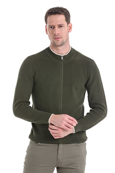 Hatemoğlu Khaki Knitwear Cardigan - Regular Fit, Half Turtleneck, Zippered