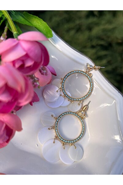 ByMerve Bym124 Stone Tassel Gold White Evening Dress Steel Women's Earrings