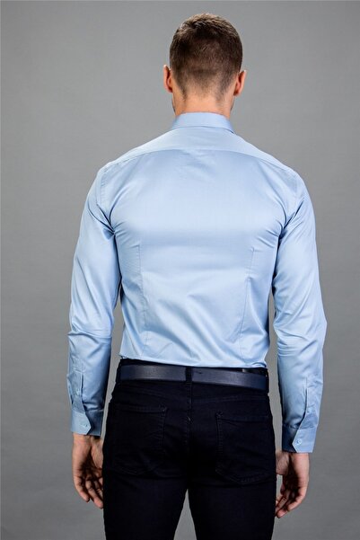 Tudors Cămașă albastră pentru bărbați, cu mânecă lungă, uni, subțire, din satin de bumbac