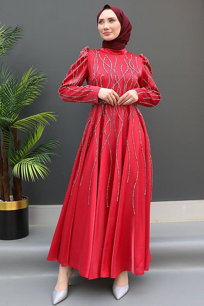 GİZ AGİYİM Hijab Hijab Evening Dress Dark Red