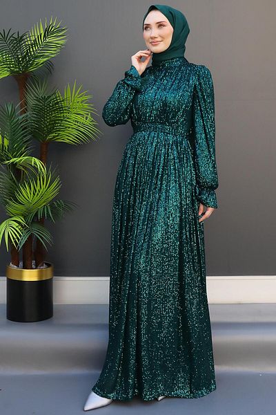 GİZ AGİYİM Sequin Butterfly Evening Dress Emerald