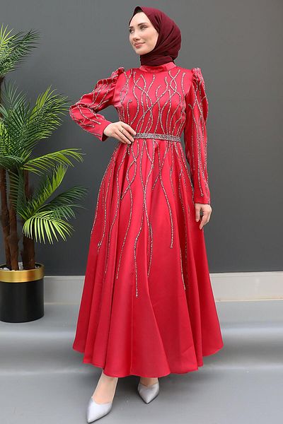 GİZ AGİYİM Hijab Hijab Evening Dress Dark Red
