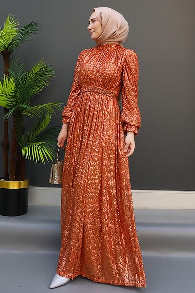 GİZ AGİYİM Sequin Butterfly Evening Dress Orange