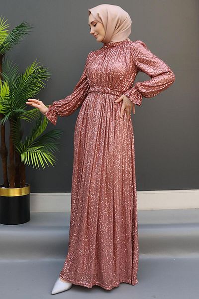 GİZ AGİYİM Sequin Butterfly Evening Dress Dried Rose