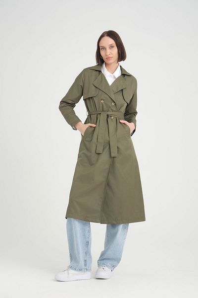 MODAQU Double Breasted Long Trench Coat Khaki