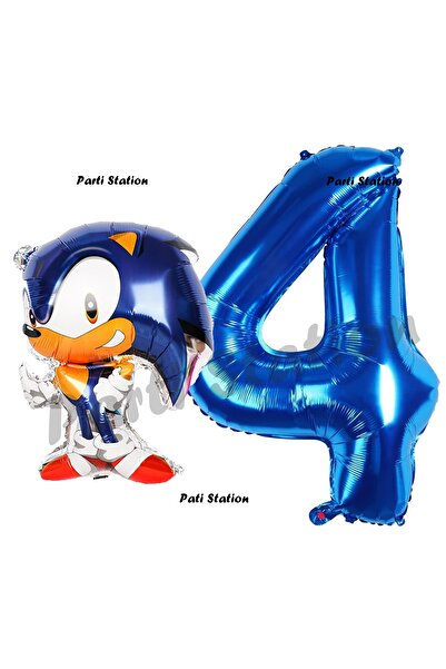 Parti Station مجموعة عيد ميلاد Fox Sonic لعمر 4 سنوات - بالون مفهوم Sonic Boom وبالون أرقام باللون الأزرق الداكن