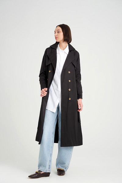 MODAQU Double Breasted Long Trench Coat Black