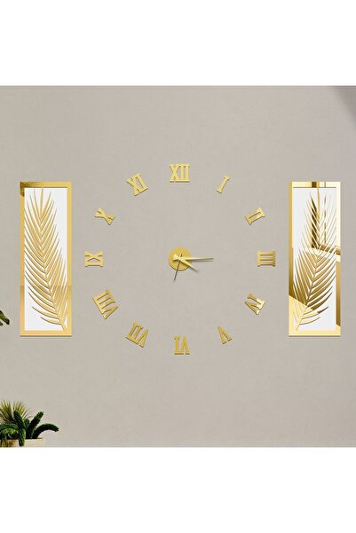 Yoko Home 3 Parçalı Duvar Saati Seti, Akrilik Pleksi Aynalı Palmiye Yapraklar...