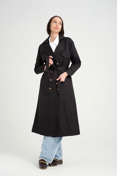 MODAQU Double Breasted Long Trench Coat Black