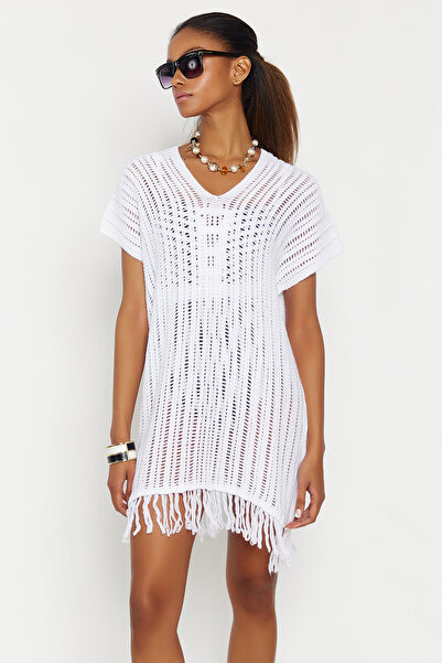 Hopoi Women's Ecru Tasseled Openwork Beach Dress Hop1312