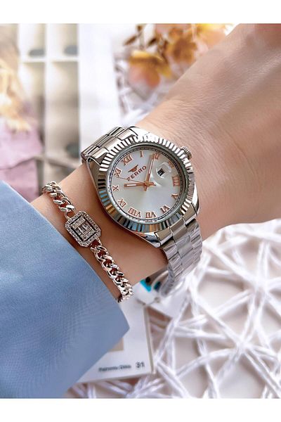 FERRO Silver Color Calendar Color Non-Tarnish Color-Tossing 3 Atm Special Design Women's Wristwatch EFL21295A