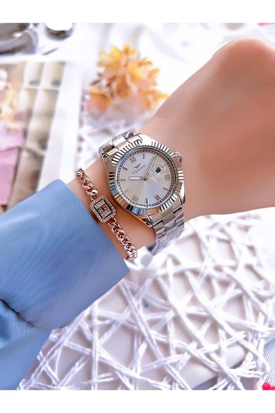 FERRO Silver Color Calendar Color Non-Tarnish Color-Tossing 3 Atm Special Design Women's Wristwatch EFL21127A