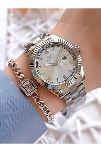 FERRO Silver Color Calendar Color Non-Tarnish Color-Tossing 3 Atm Special Design Women's Wristwatch EFL21127A