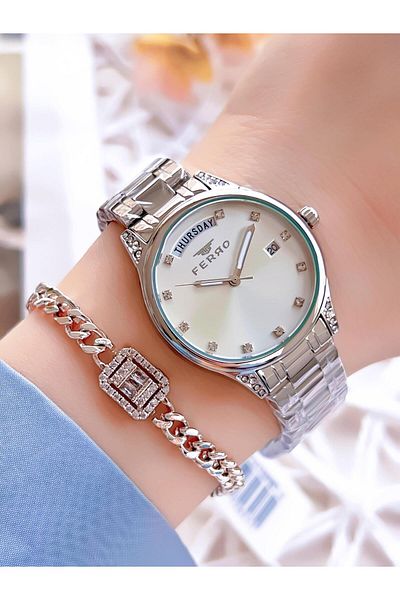 FERRO FerroSilver Color with Calendar Color Non-Tarnish Color-Tossing 3 Atm Special Design Women's Wristwatch EFL21439A