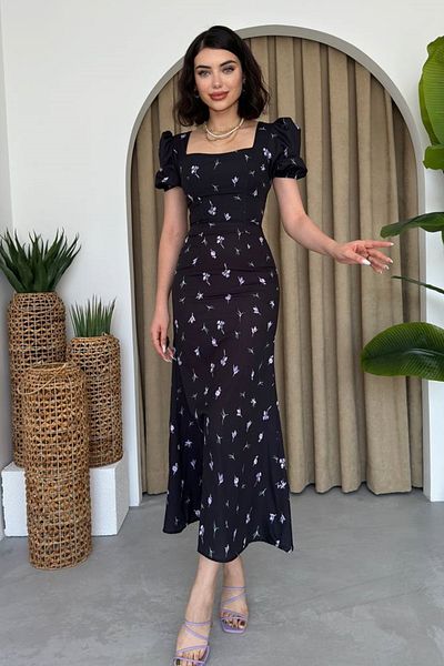 lovebox Dámské Atlas Fabric Květinové Vzorované čtvercový límec Princezna Sleeve Design Midi Večerní šaty 252