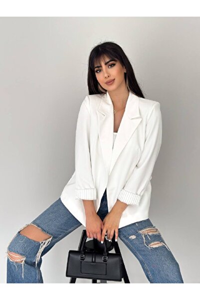 Bella Breeze Kadın Kruvaze Yaka Düğmesiz Cepli Çizgi Desenli Astarlı Katlanabilir Kol Blazer Ceket