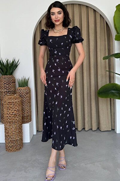 lovebox Dámské Atlas Fabric Květinové Vzorované čtvercový límec Princezna Sleeve Design Midi Večerní šaty 252