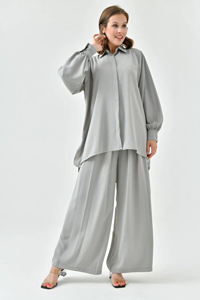 bayansepeti Women's Gray Long Sleeve Shirt and Pleated Wide Leg Black Pants B...