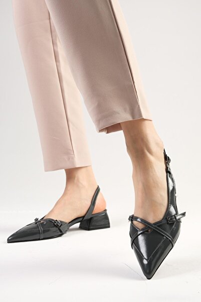 Mio Gusto Mystic Genuine Patent Leather Gray Color Open Back Women's Short Heeled Shoes