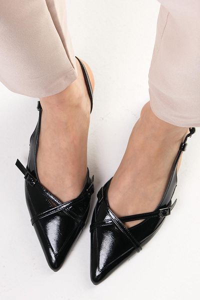 Mio Gusto Mystic Genuine Patent Leather Black Color Open Back Women's Short Heeled Shoes