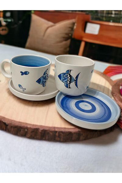 Artistic Quality Decorative Stylish Fish Designed Completely Handmade 2-Person Tea Coffee Cup Set