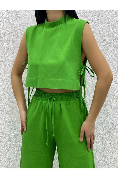Donatello High Waist Linen Crop Palazzo Trousers Set
