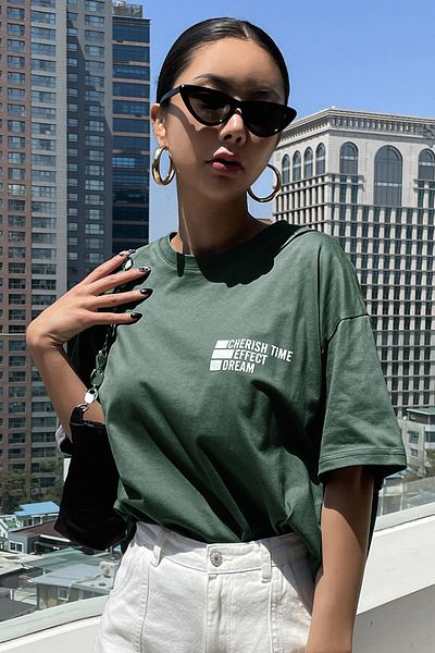 MODAGEN Μπλουζάκι Unisex Nefti Green Crew Neck Cherish Time Printed Oversize T-shirt