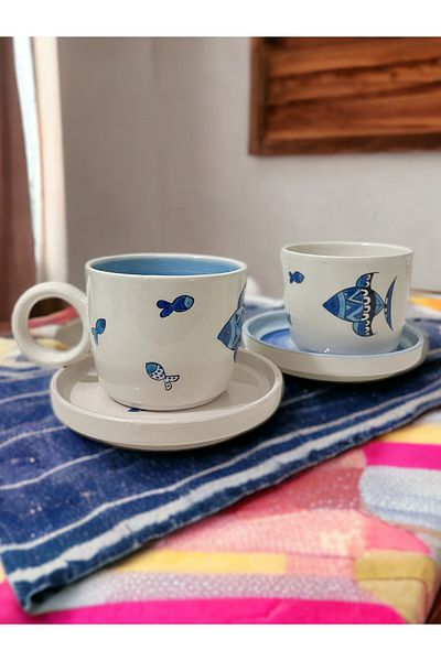 Artistic Quality Decorative Stylish Fish Designed Completely Handmade 2-Person Tea Coffee Cup Set