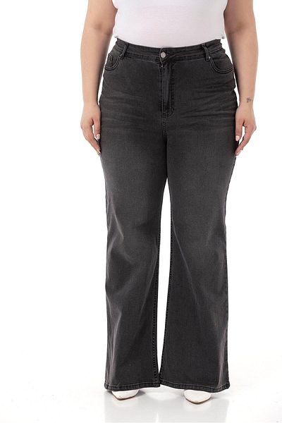 DISENTIS MODEST Large Size Cropped Front High Waist Spanish Leg Anthracite Denim Trousers
