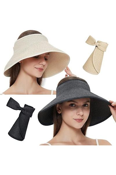 Shopiolog Women's Wide Brim UV Protection Bow Straw Visor Hat