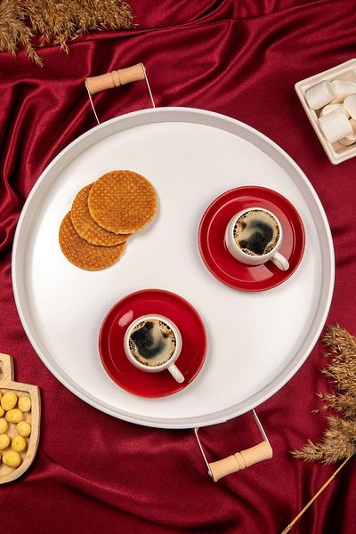Doreline Metal White Serving Tray with Wooden Handles 37cm, Coffee Tray, Presentation Tray, Breakfast Tray