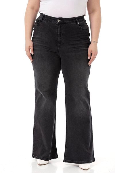 DISENTIS MODEST Large Size High Waist Spanish Leg Black Denim Trousers with Croppy Front
