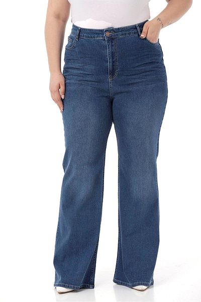 DISENTIS MODEST Plus Size High Waist Spanish Leg Blue Denim Trousers with Croppy Front