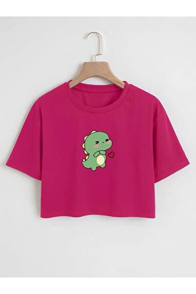 Ginevra Žene Oversize kroj okrugla kragna Dinosaur Štampano Skraćeni kroj T-s...