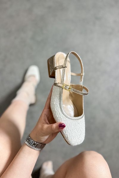 SHOEBELLAS Balerini de damă Tila White Tweed Fabric