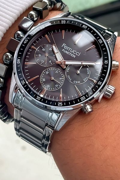 Ferrucci ALL MECHANISMS ACTIVE Steel Case Steel Band Men's Wrist Watch with Bracelet gift