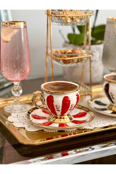 ACAR 6-piece scarlet striped gold Turkish coffee cup set
